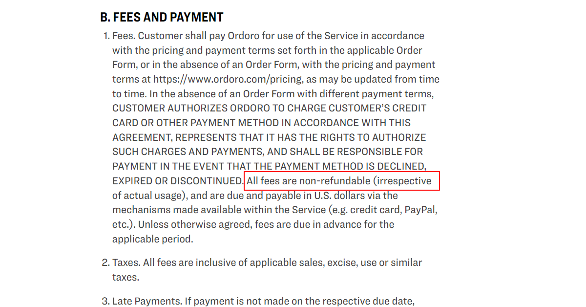Ordoro Refund Policy
